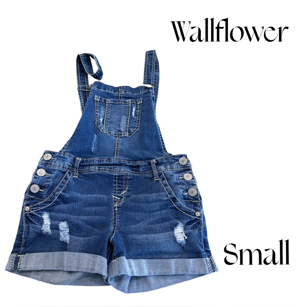 Wallflower Distressed Denim Short Overalls Blue Size S 24 - Picture 3 of 8